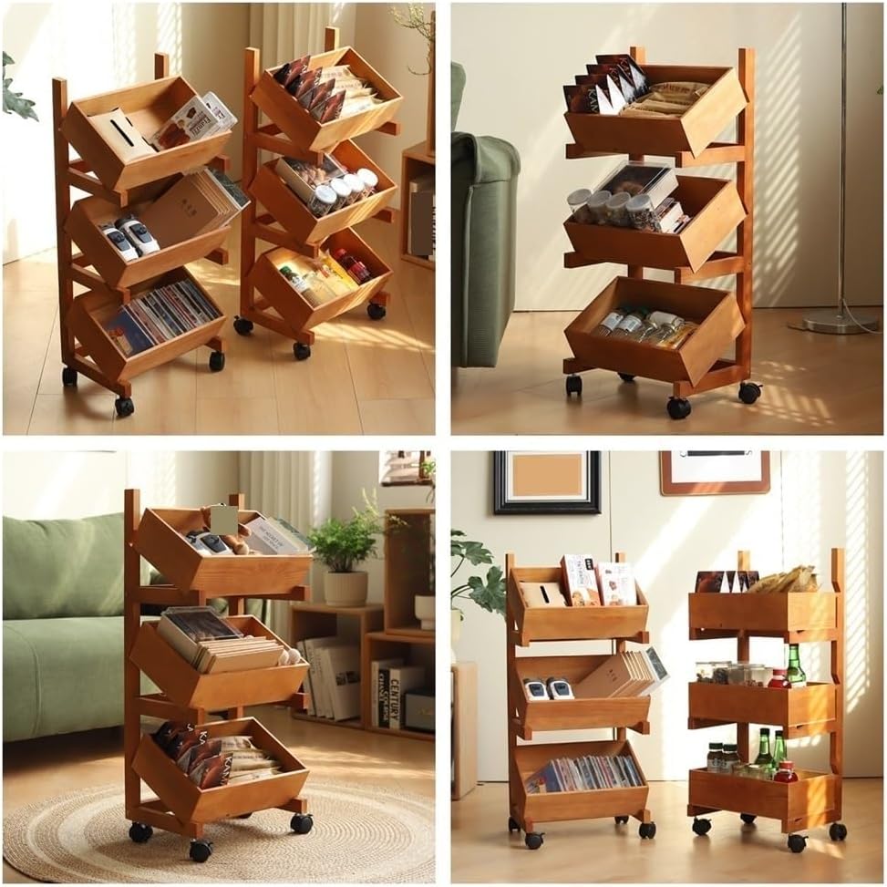 Wood Fruit Basket for Kitchen, Vegetable Bread Basket, Pantry Shelves, Can Organizer Rack, Wooden Storage Rack for Living Room(Beige,Small)