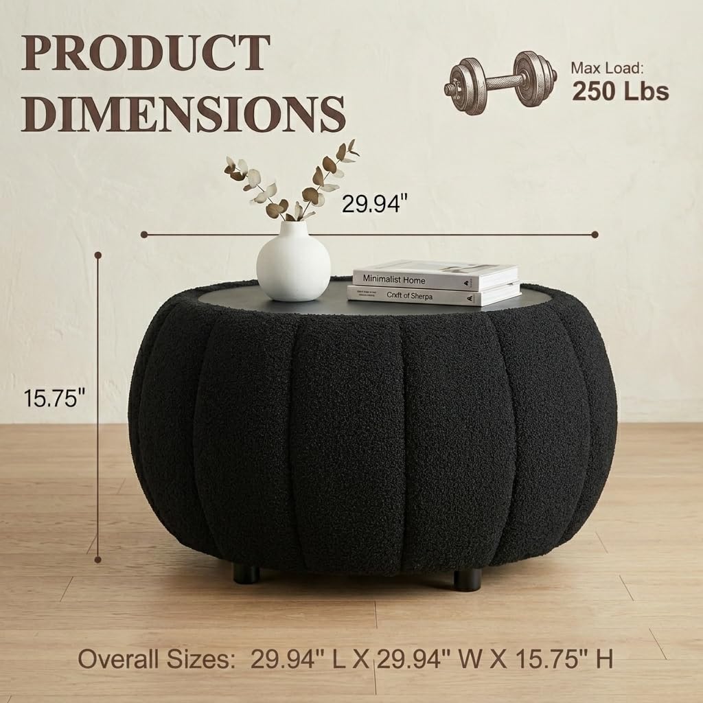 Ottoman Coffee Table for Living Room, Wooden Top Large Storage Ottoman, 30 Inches Round Coffee Table, Pumpkin Shaped Side Table, Multifunctional Teddy Fabric Footstool (Black)