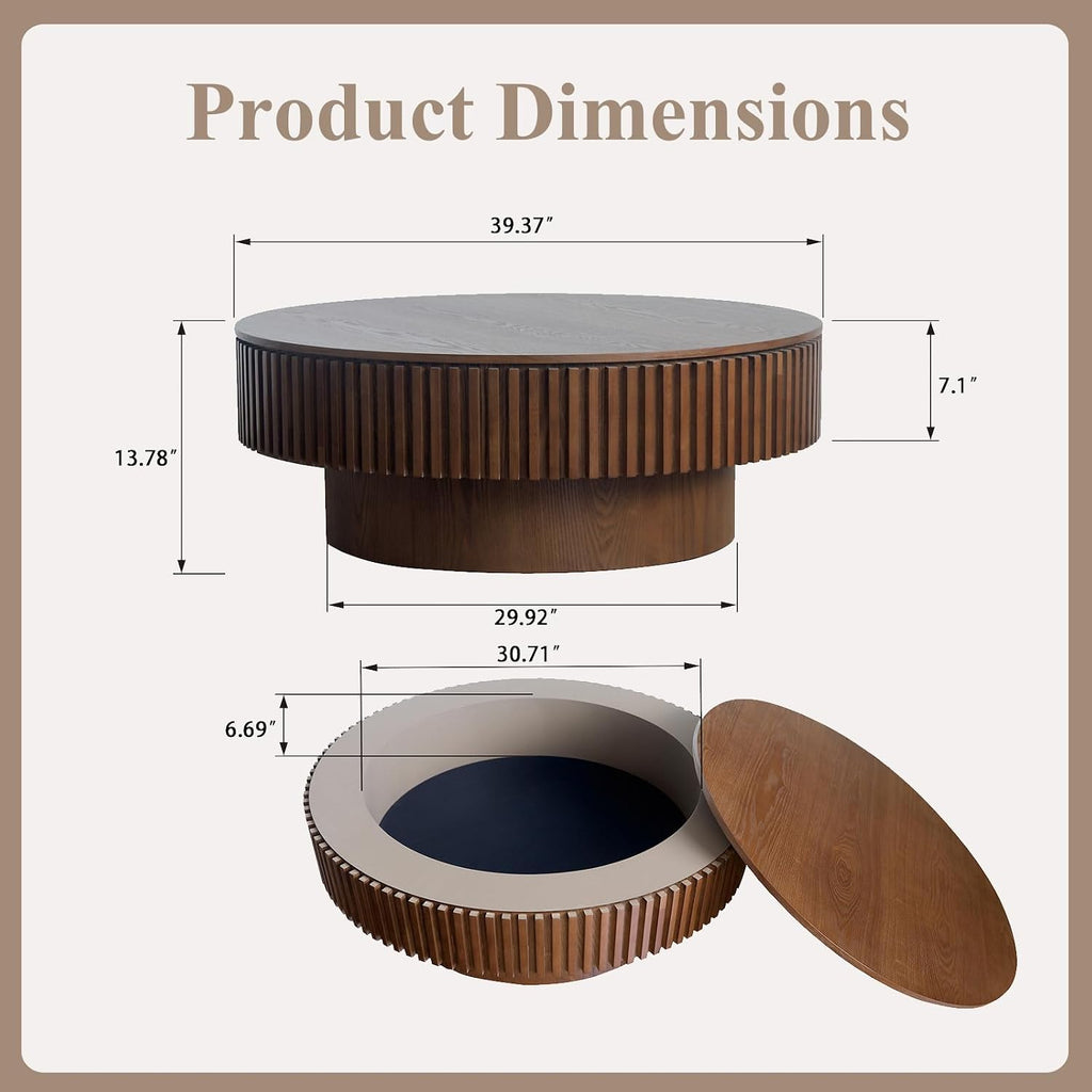 39.37' Round Wood Coffee Table,Modern Coffee Table with Storage for Living Room,Solid Wood Drum Coffee Table Circle Fluted Coffee Table Accent Side Table for Apartment,Office, Easy Assembly,Walnut