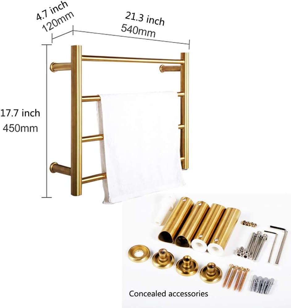 Towel Warmer, Gold Electric Heated Towel Rack Stainless Steel Electric Drying Rack Wall Mounted Bath Towel Heater with 4 Bars Clothes Airer Dryer for Bathroom, 45×54×12cm,Ha(