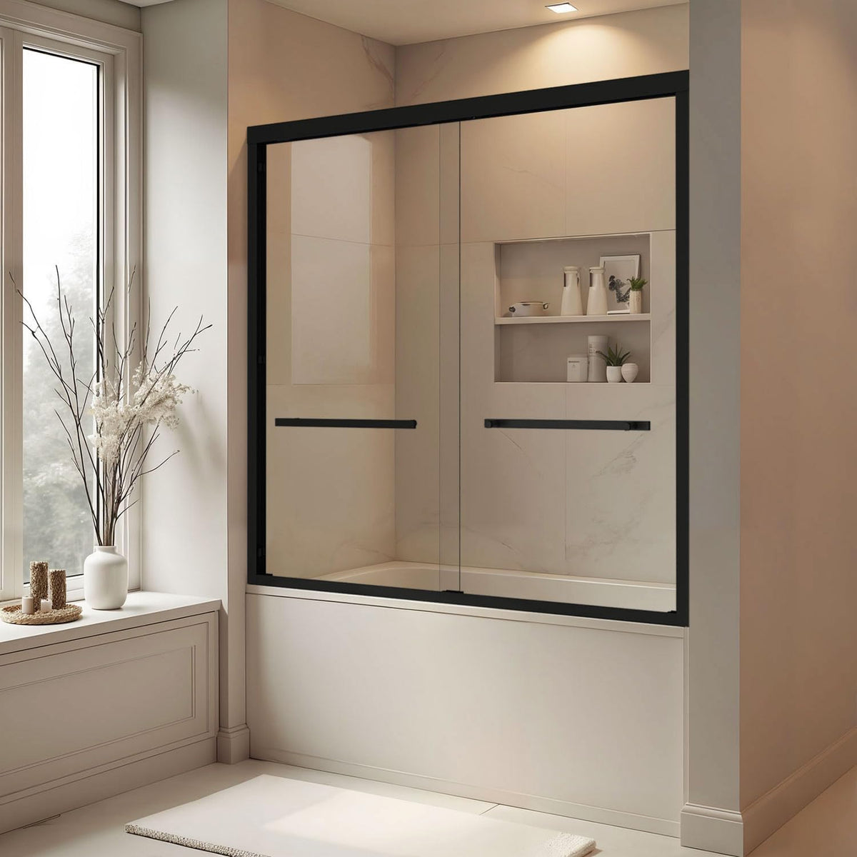 Bathtub Shower Door, 56-60' W x 58' H Sliding Shower Door for Bathtub, 1/4' (6mm) SGCC Tempered Glass Bathtub Glass Door, Matte Black Finish, 304 Stainless Steel Hardware