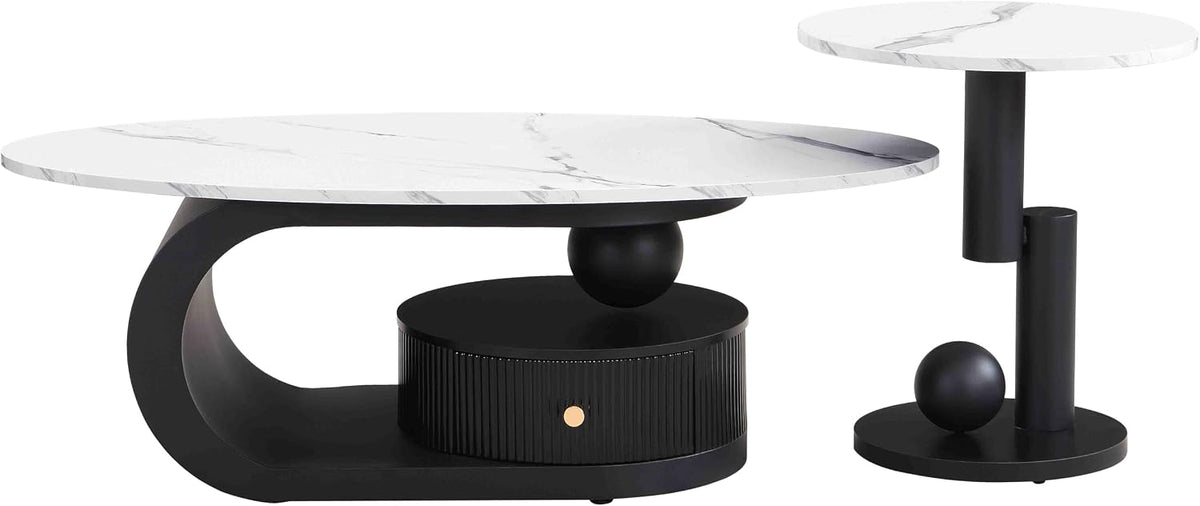 Modern Nesting Coffee Table Set of 2, Oval and Round Coffee Table Set for Living Room, Faux Marble Coffee Table and Round End Table, Luxury Living Room Accent Table for Apartment (Black with Drawer)