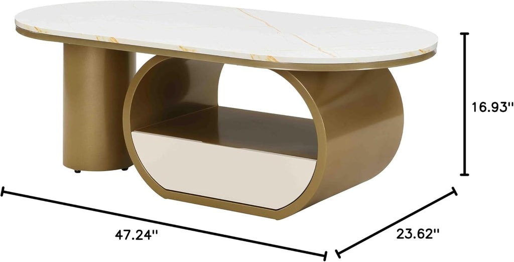 Modern Oval Coffee Table, 47.24' White Faux Marble Coffee Table with Storage Drawer, Luxury Living Room Coffee Accent Center Table with Gold Base for Apartment