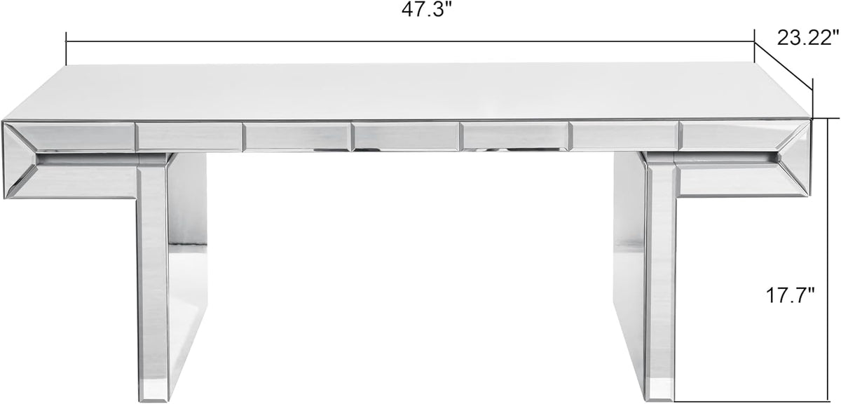 Modern Mirrored Coffee Table for Living Room Luxury Fluted Mirror Cocktail Center Table with Silver Finish 47' Rectangular Coffee Table for Home Office