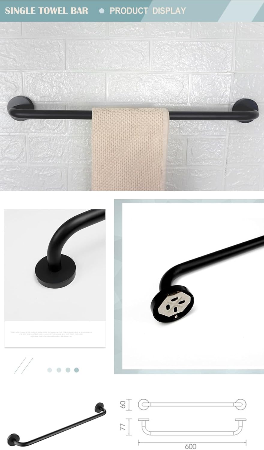 Matte Black Bathroom Hardware Set Black Robe Hook Towel Bar Rail Towel Hanger Ring Toilet Paper Holder Bath Bathroom Accessories,Single Towel Bar