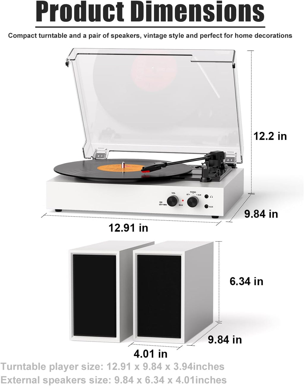 Bluetooth Record Player with External Stereo Speakers, Vintage 3-Speed Turntable | PC Recording Vinyl to MP3 | RCA Headphone Output & AUX Input for External Audio, White