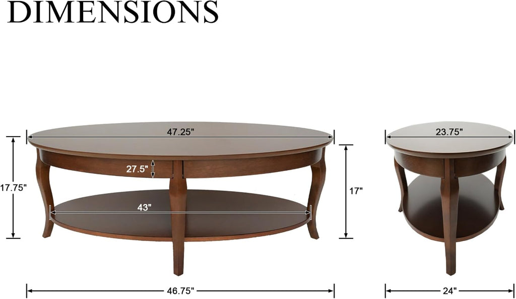 47' Oval Coffee Table 2-Tier Coffee Table with Storage Shelf Solid Wooden Center Table for Living Room Bedroom Office, Walnut