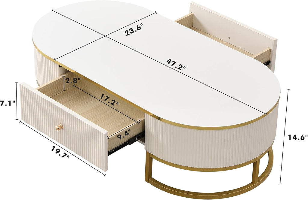 Coffee Table for Living Room, Modern Oval Shaped Coffee Table Set with 2 Drawers & Gold Metal Decor, Contemporary Luxury Cocktail Table Center Table for Office (White & Gold)