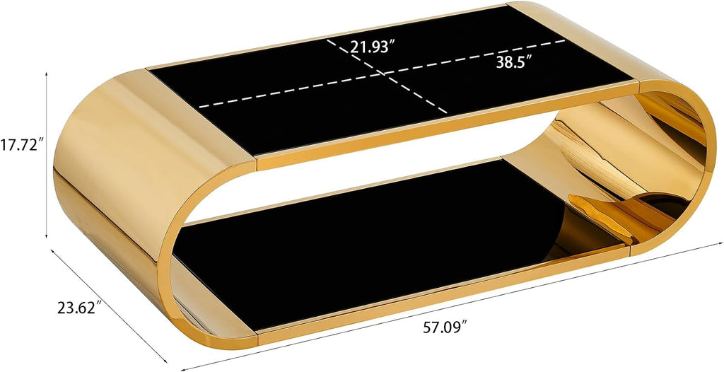 Luxrious Gold Coffee Table with Black Glass Top Living Room Tea Table with Gold Stainless Steel Base,57'
