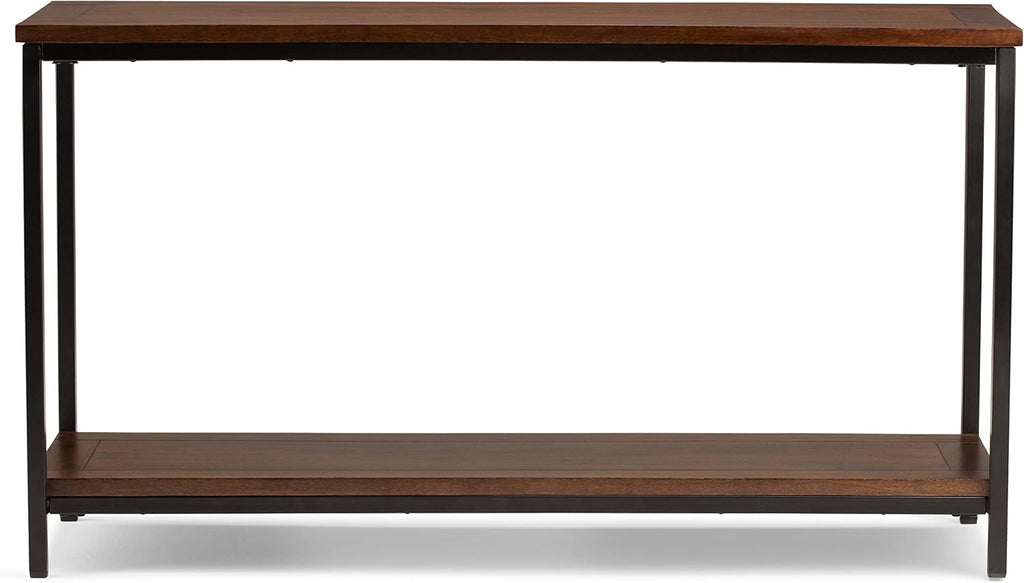 SIMPLIHOME Skyler Console Table - 54 Inch Wide Solid Mango Wood and Metal Sofa Table in Dark Cognac Brown, Industrial Entryway Table for Living Room with Open Bottom Shelf and Black Steel Frame