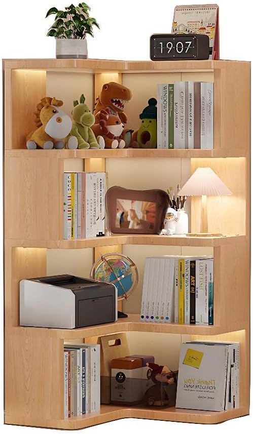 4-Tier Corner Bookshelf, L-Shaped Bookshelf with Open Shelf Units, Decorative Display Vertical Storage Shelves for Living Room Bedroom Study Office, (Wood Grain)