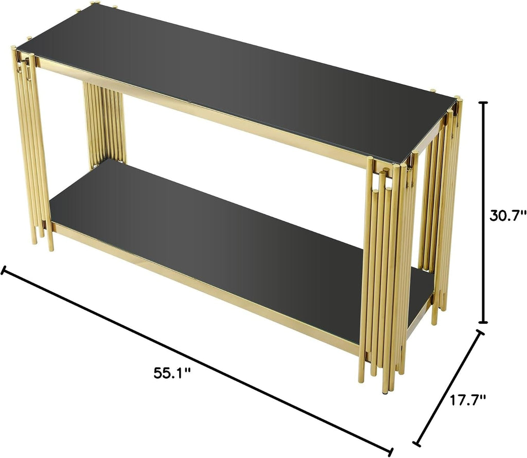Modern Glass Console Table, 55' Entryway Sofa Table with Gold Stainless Steel Frame and Black Glass Top, Luxury Rectangular 2-Tier Console Table with Storage Shelves for Living Room