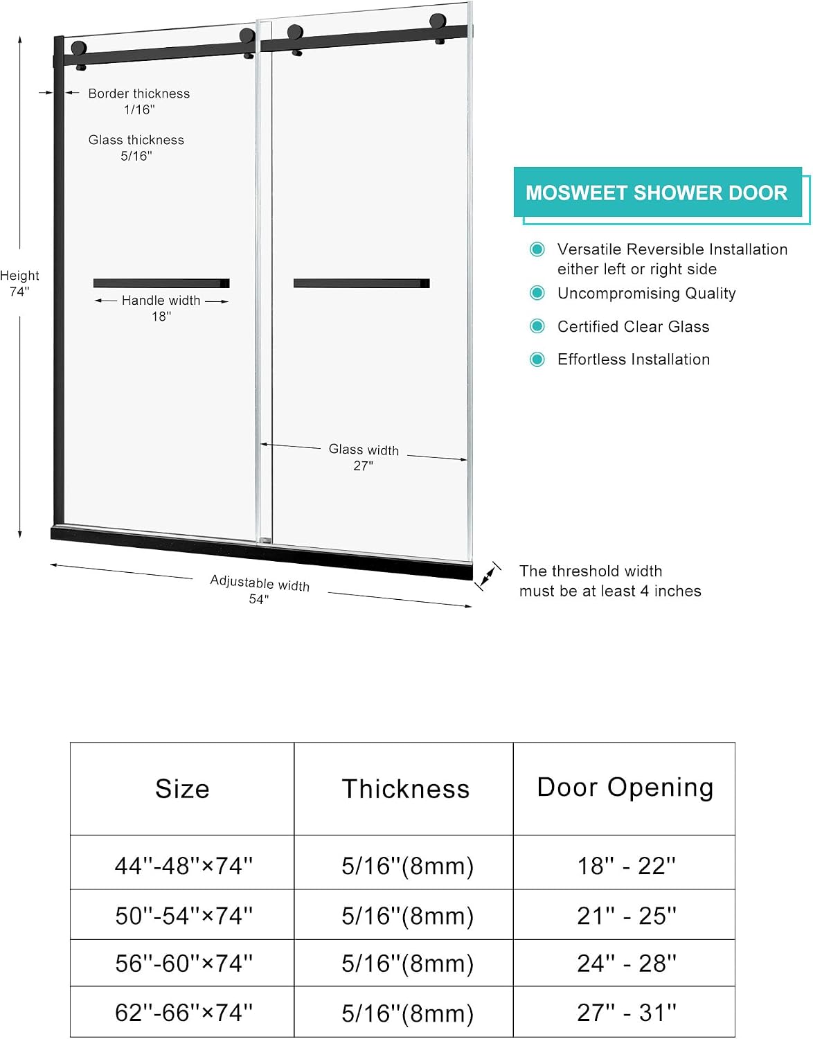 Milano Framed Shower Door, 50-54 in.W x 74 in.H Double Sliding Shower Door 5/16'(8mm) Clear Tempered Glass, 18 inch Pull Handle, Stainless Steel Hardware, Matte Black Finished