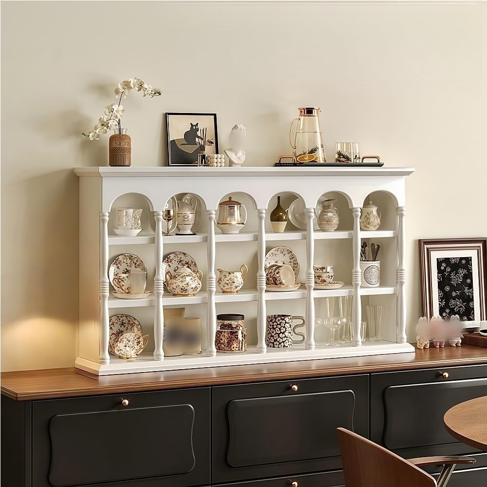Rustic Coffee Mug Display Rack, Floating Solid Wood Mug Rack, Farmhouse Countertop Cup Holder, Space Saving Wall Mounted Vintage Kitchen Countertop Cup Organizer(White,33.9''x19.3''x5.9'')