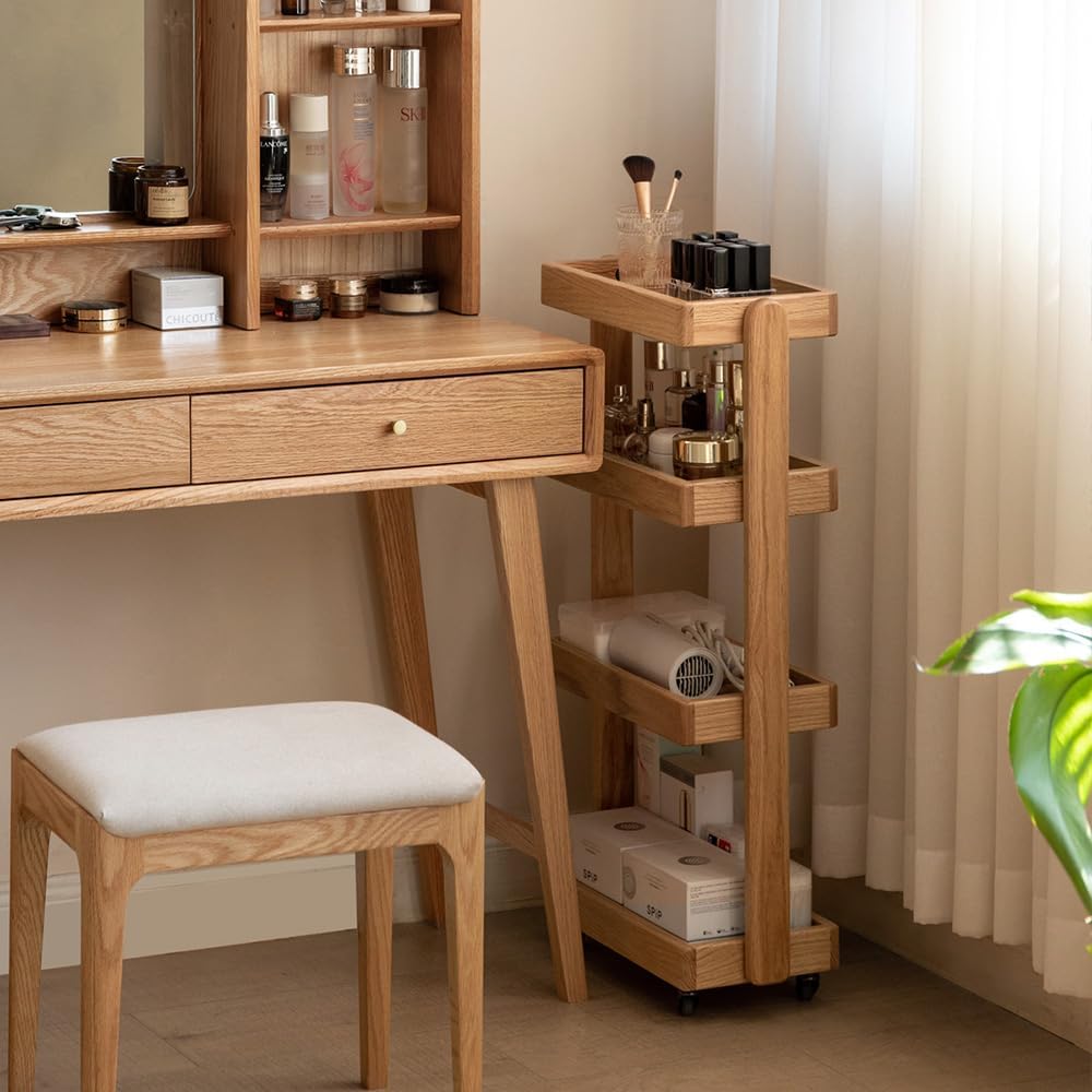 100% Solid Oak Art Storage Cart, 4-Tier Rolling Utility Cart with Wheels, Multifunctional Storage Trolley Shelving Unit on Wheels for Living Room Kitchen(Natural, 7.87' x 23.62' x 31.89')