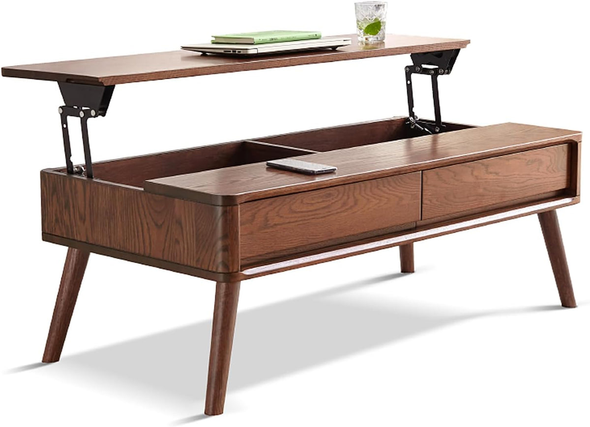 100% Solid Wood Lift Top Coffee Table for Living Room, Mid Century Modern Tables with Drawers and Large Storage, Oak Wood Coffee Tables for Small Spaces (Oak Walnut Color, 47.24'W x 23.62'D x 25.59'H)