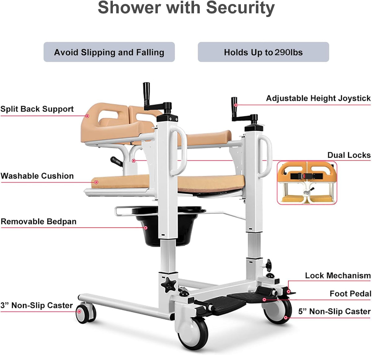 Patient Lift Transfer Chair for Home, 4 in 1 Portable Transfer Chair for Senior Adults, Bed to Toilet Transfer Lift, Ships from USA - Weight Capacity 290 lb - Easy to Use