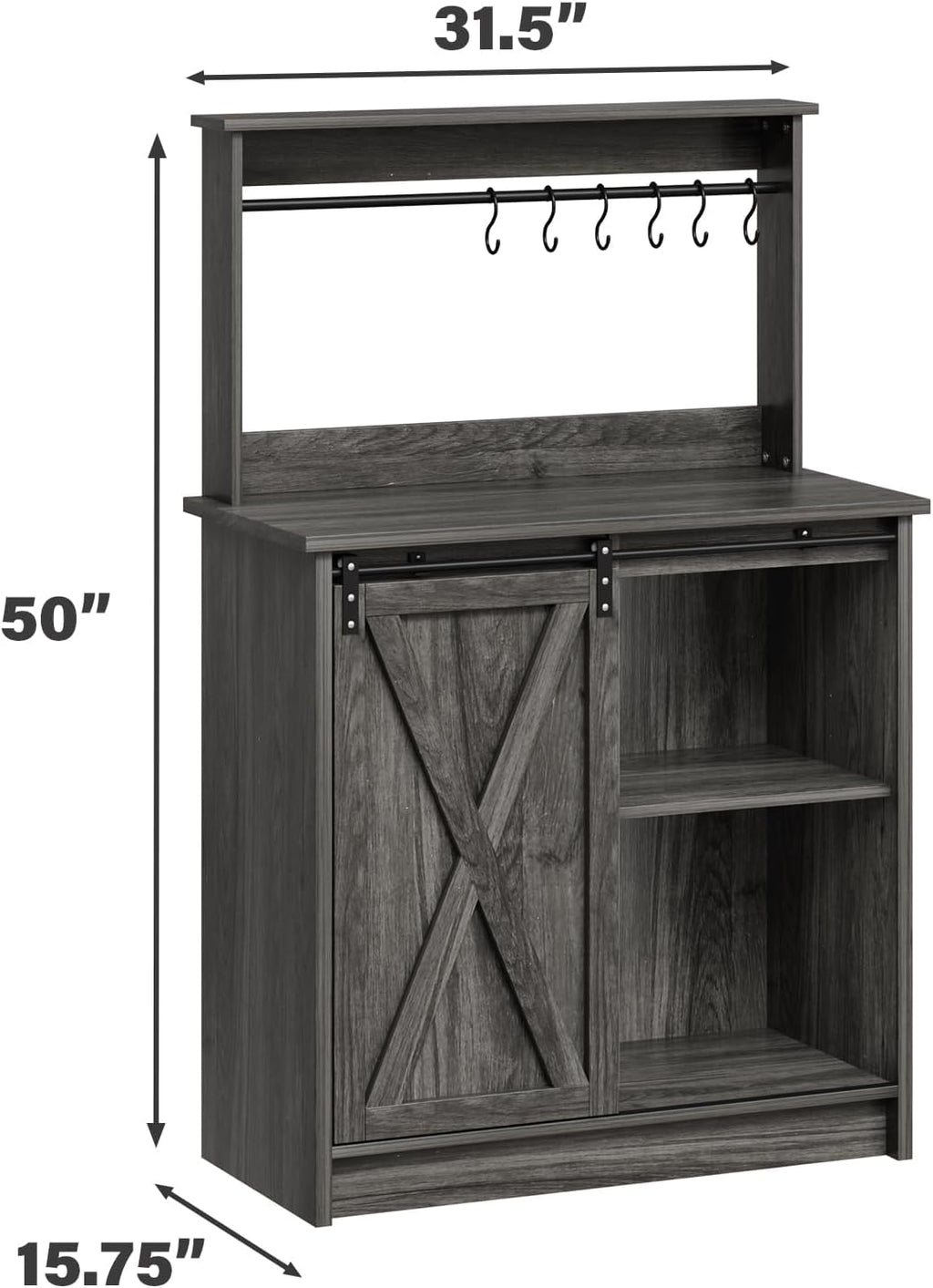 4ever2buy Farmhouse Coffee Bar with Hutch, 31 Inch Buffet Cabinet with Sliding Barn Door, Storage Bar Cabinet with 6 Hooks, Coffee Bar Table with Adjustable Shelves for Living Dining Room, Grey