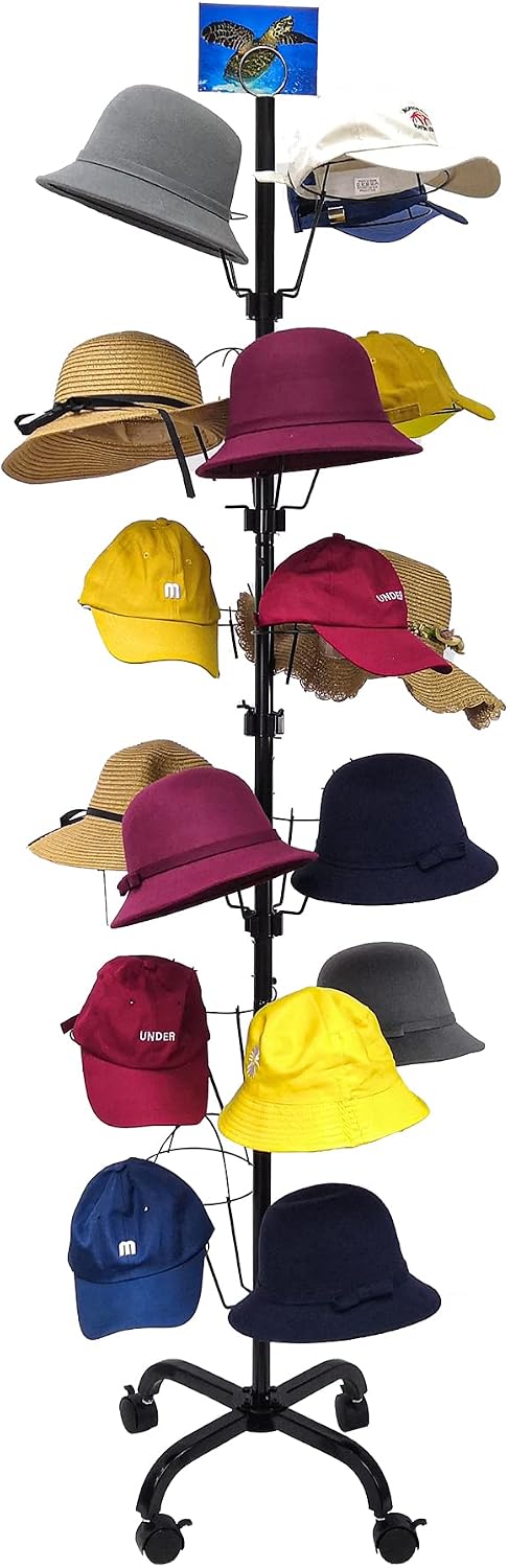 FixtureDisplays® 6-Tier 24 Hat Rotating Hat Display Rack Free Standing Headwear Wig Rack Metal Floor Rack for Caps, Wigs & Hats 20X20X74' 18164-24HAT-NPF