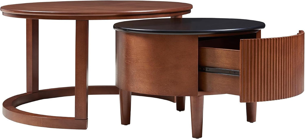 Merax 31.5'' Vintage Round Nesting Wood Coffee Table Set, 2-Tier with Drawer & Storage, Two-Tone Finish Fluted Design for Living Room Apartment, Walnut+Black