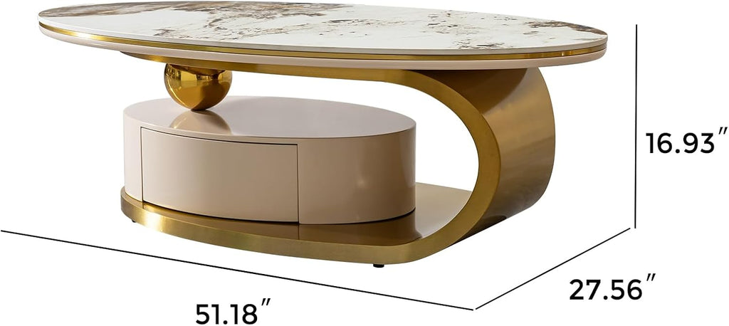 16.93' H Oval Coffee Table with Storage Drawer, Modern Center Tablet with Sintered Stone Tabletop and Marble Pattern, Luxury Coffee Tables with Gold Stainless Steel Base for Bedroom Home Office Beige