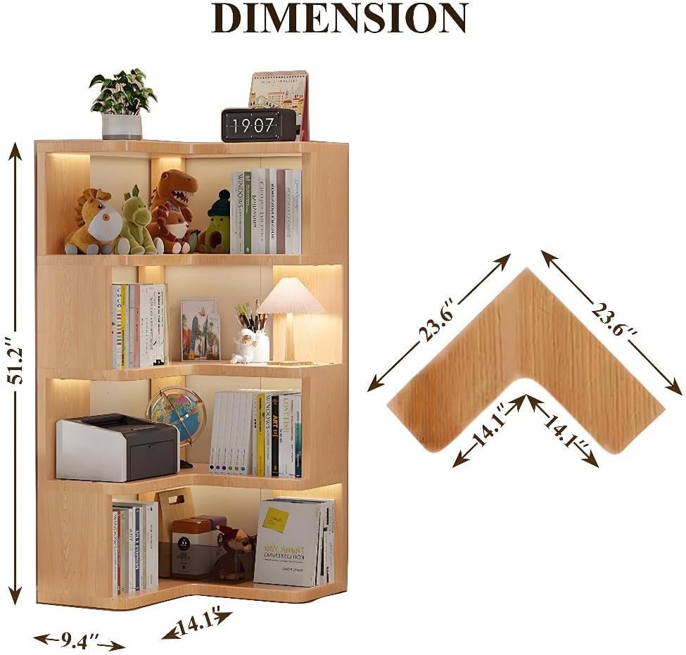 4-Tier Corner Bookshelf, L-Shaped Bookshelf with Open Shelf Units, Decorative Display Vertical Storage Shelves for Living Room Bedroom Study Office, (Wood Grain)