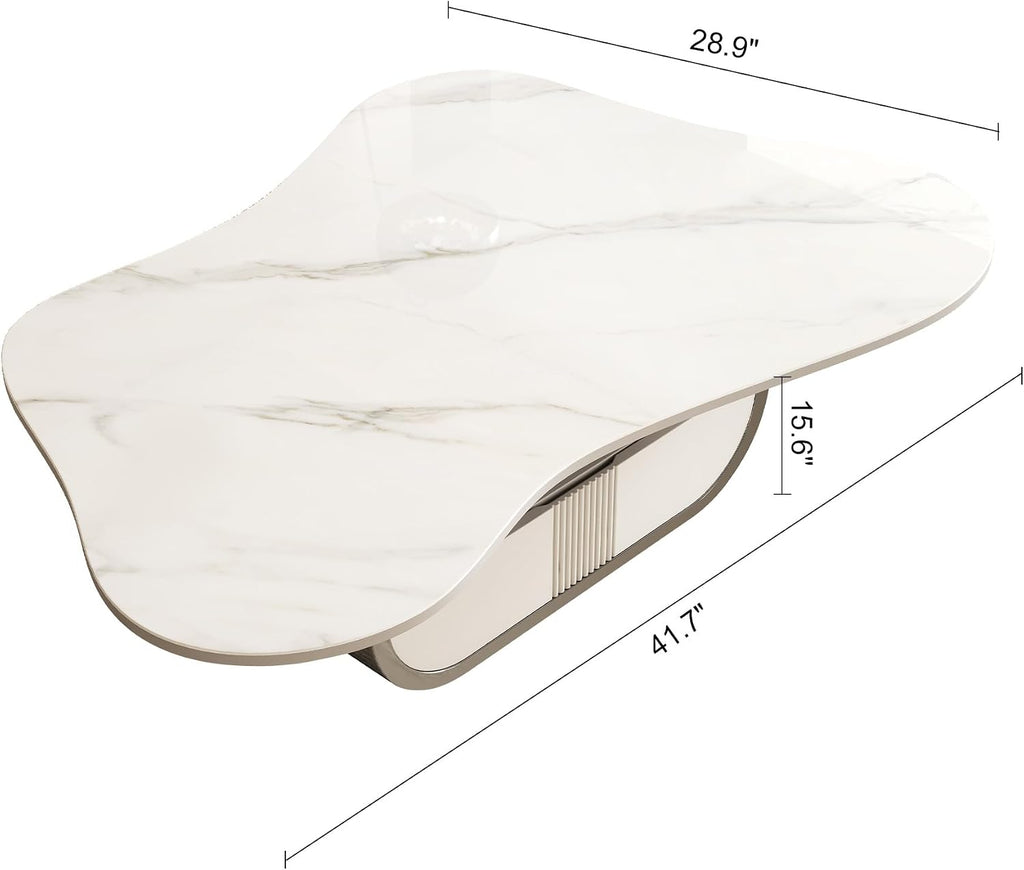 SSLine Modern Cloud Coffee Table Luxury Sintered Stone Top Coffee Table with Sculptural Geometric Stainless Steel Base and Storage Drawer,White Marble Grain Center Table for Living Room,Grey