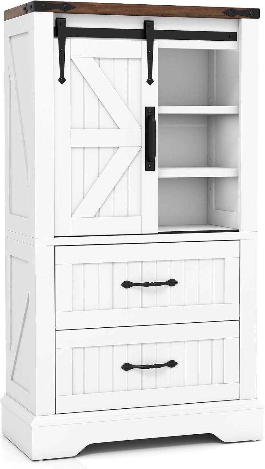 LOKO Farmhouse Bathroom Floor Cabinet, Freestanding Storage Cabinet with Sliding Barn Door, Adjustable Shelves & 2 Storage Drawers, Wooden Storage Organizer for Living Room, Entryway, Kitchen, White &