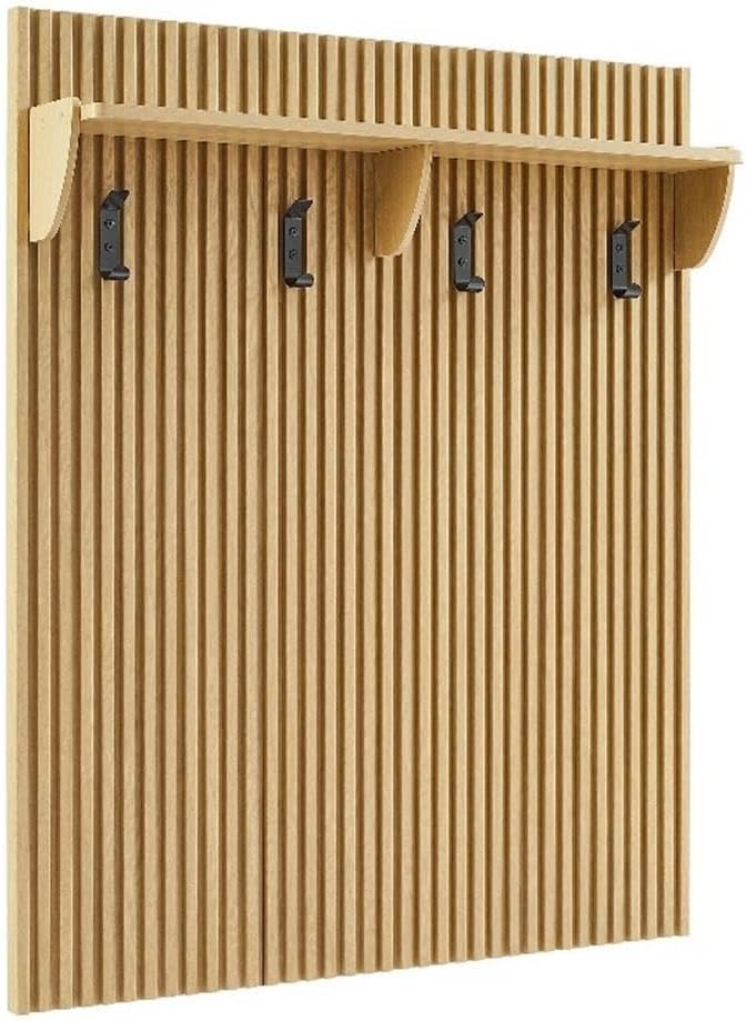 Modway Render Modern Fluted Wood Coat Rack Panel in Light Oak with Shelf and Hooks – Wall-Mounted Entryway Organizer for Hallway, Mudroom, or Foyer
