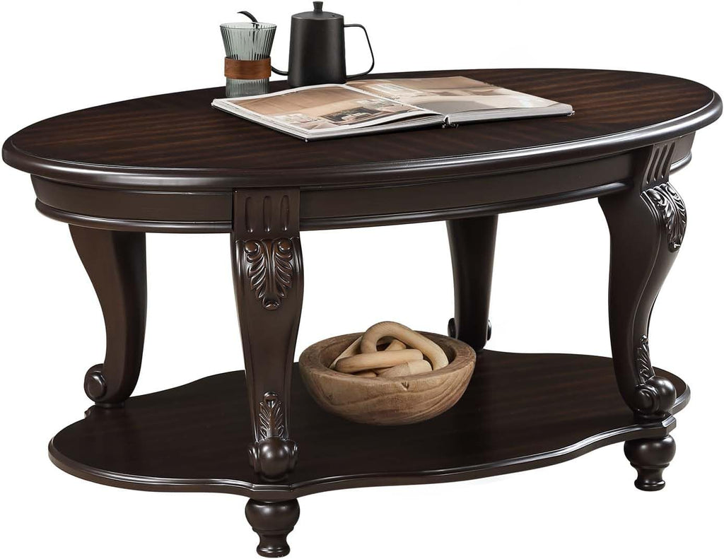 Solid Wood Coffee Table Set for Living Room, Coffee Table & 2 End Side Table 3-Piece Set with Open Storage for Office Apartment Espresso