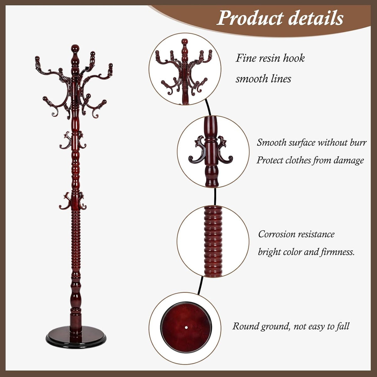 Wooden Coat Rack Freestanding, Vintage Coat Racks with Sturdy Round Base, Adjustable Height 37.40'-72.83' Entrance Coat Rack for Bedroom Living Room Entryway (Solid wood Rosewood)