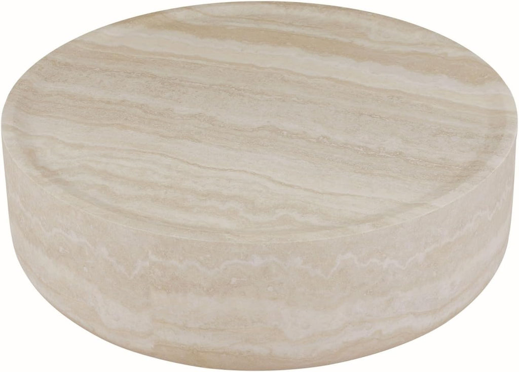 35.43' Faux Mars Pattern Round Coffee Table, Faux Travertine Textured Fiberglass Coffee Table for Living Room, No Assembly Required