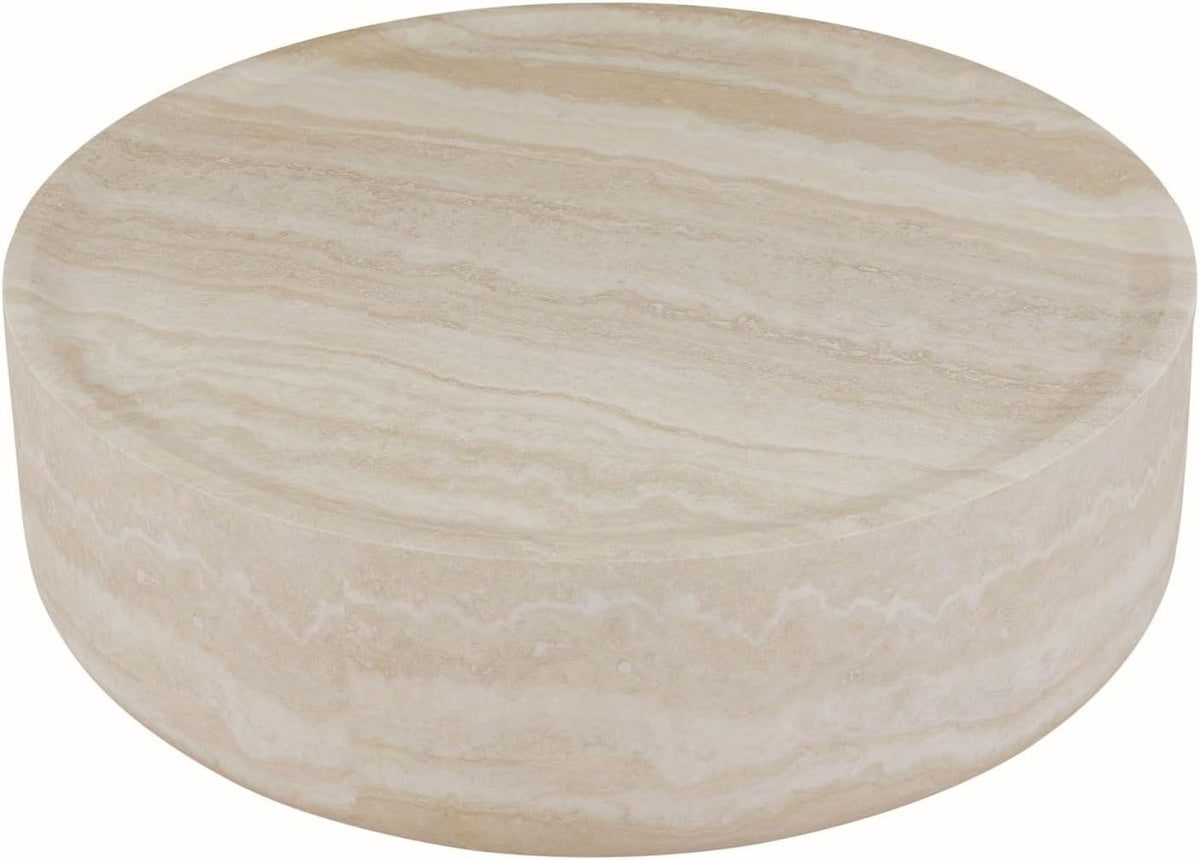 35.43' Faux Mars Pattern Round Coffee Table, Faux Travertine Textured Fiberglass Coffee Table for Living Room, No Assembly Required