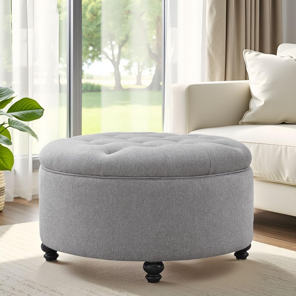 HUIMO 30-Inch Round Storage Ottoman, Modern Button Tufted Coffee Table with Removeable Top, Upholstered Ottoman with Storage Footrest Stool for Living Room, Bedroom and Office(Grey)