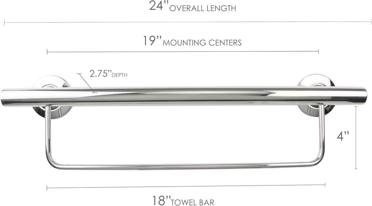 24' Designer Newport Wall Mount Bathroom Shower Grab Bar with Towel Bar, Polished Finish
