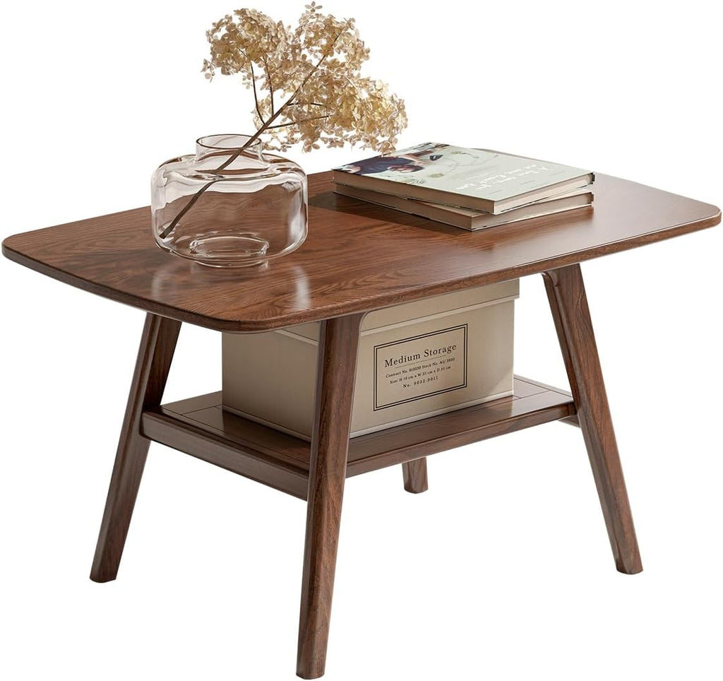 100% Solid Oak Wood Coffee Table for Living Room, 2-Tier Small Table with Storage Shelf, Mid Century Modern Coffee Tables (Walnut, 31.49' x 19.68' x 17.32')