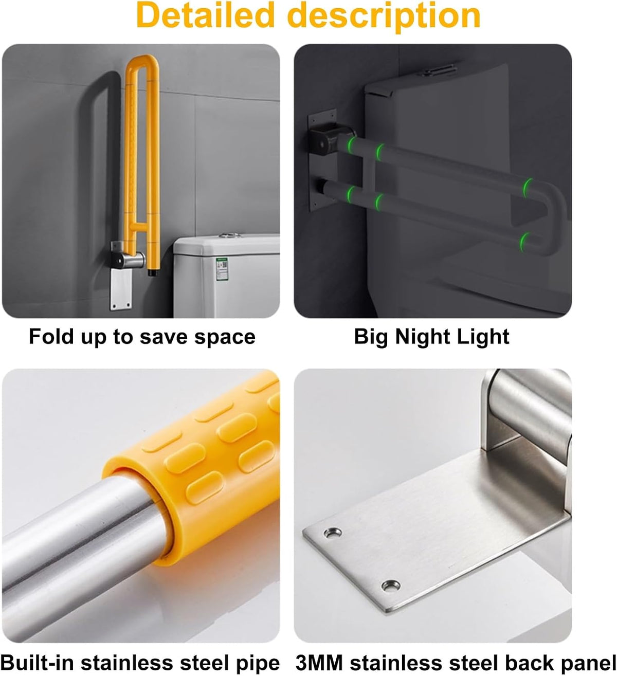 Foldable Toilet Grab Bar, Bathroom Safety Handrails, Stainless Steel Support Rail, Disability Aid Grab Bar Handle, Glows at Night(60cm)