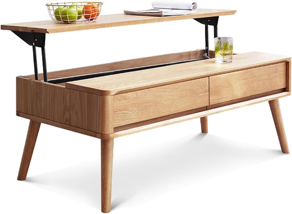 100% Solid Wood Lift Top Coffee Table for Living Room, Mid Century Modern Tables with Drawers and Large Storage, Oak Coffee Tables for Small Spaces (Oak Wood Log, 39.37' W x 21.65' D x 25.59' H)