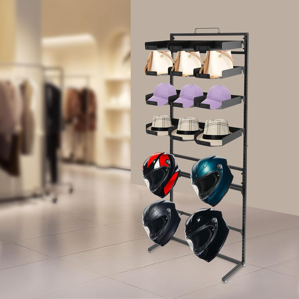 Large Hat Rack Stand - 6 Tier Adjustable Ball Cap Storage Organizer With 12 Trays, Standing Coat Rack, Commercial Home Use, Black Metal
