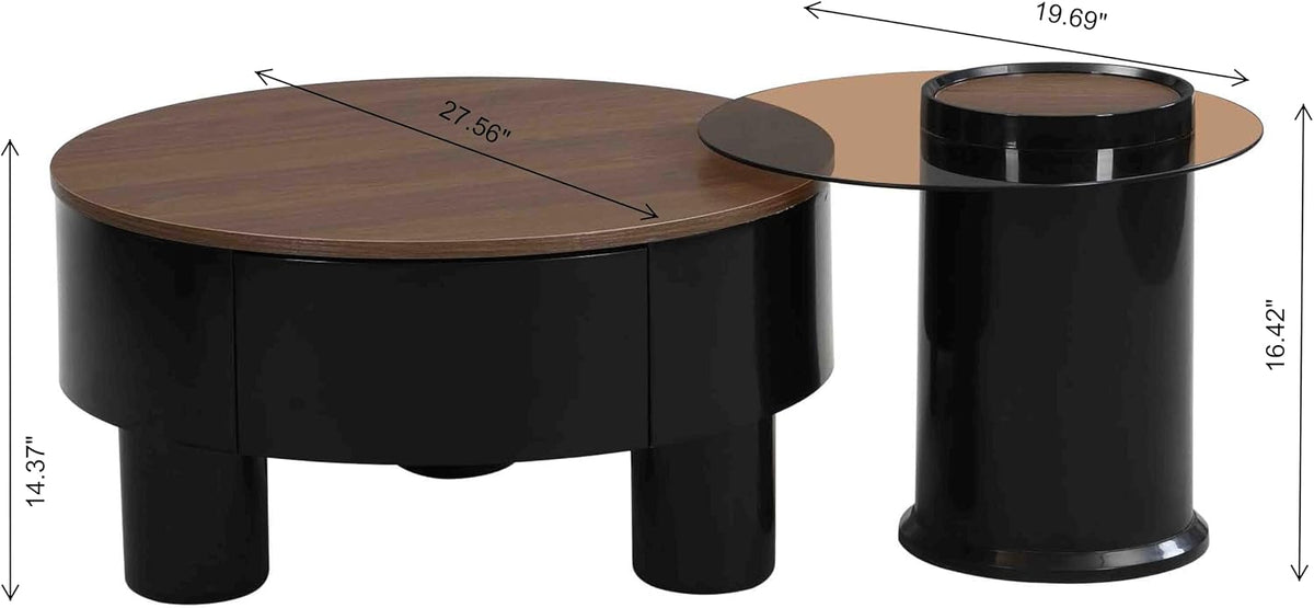 Modern Nesting Coffee Table Set of 2, 2-Piece Round Decorative Living Room Table Set with Brown Wooden Top and Black Plastic Base and 1 Drawer, Round Coffee Table and End Table Set