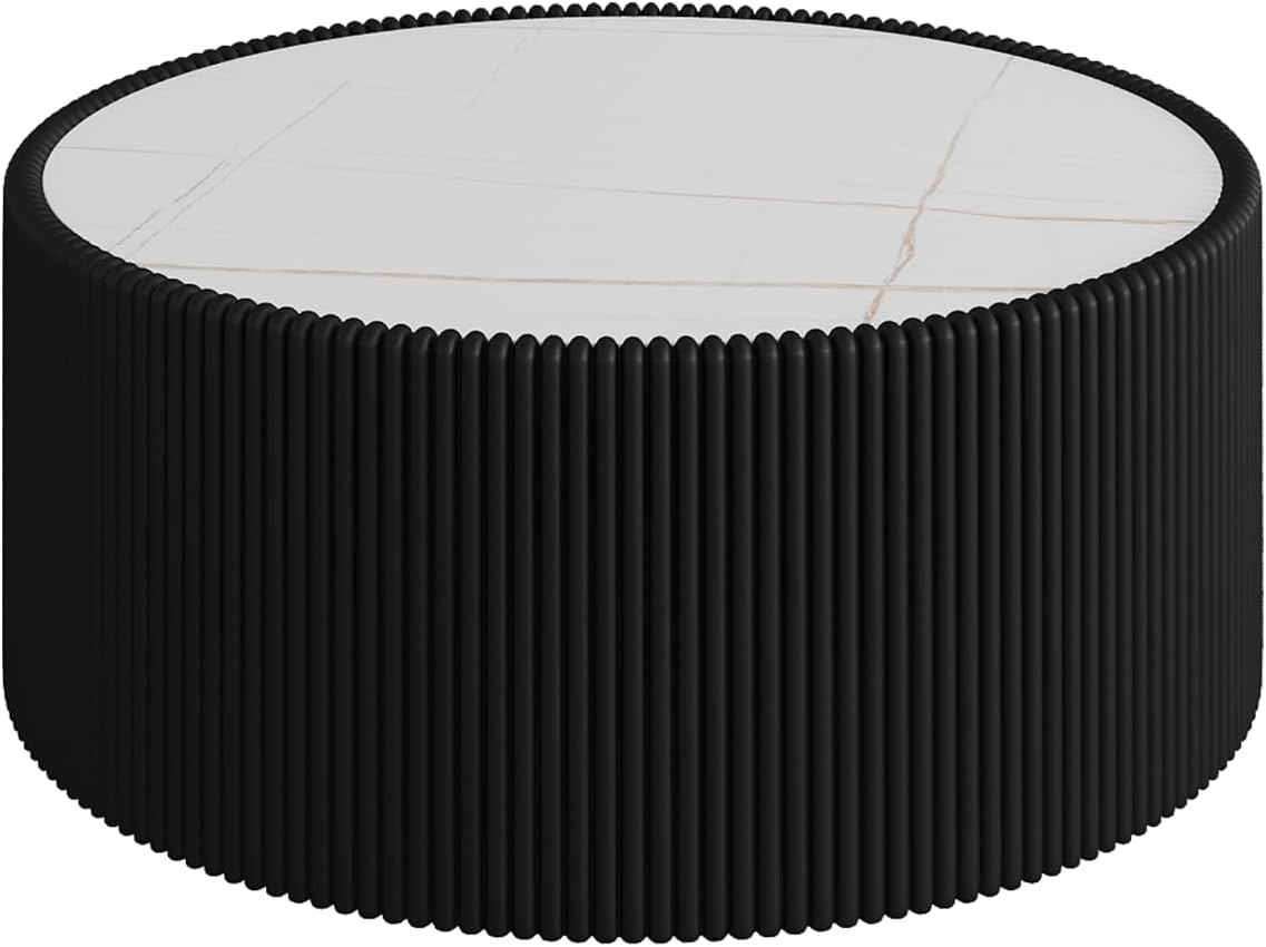 GDFStudio Modern Round Coffee Table, Luxury Sintered Stone Top Circle Coffee Table with PU Leather Drum Base, Creative Shape Small Tables for Living Room Side Tables, Fully Assembled, Black-Large