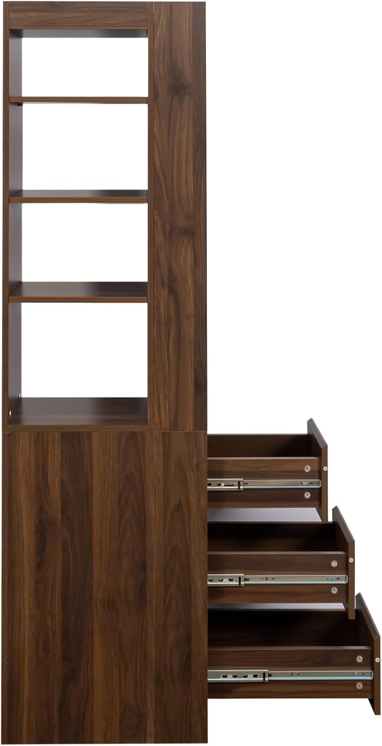 70.87' H Display Storage Cabinet, Narrow Wooden Corner Cabinet with 8-Tier Shelves and 3 Side Drawers, Tall Bookshelf and Bookcase for Living Room Home Office, Walnut