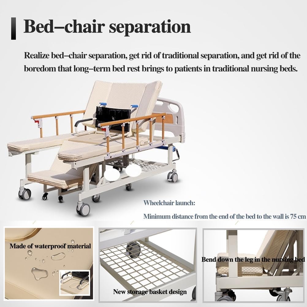 Manual Medical Beds Adjustable with Wheelchairs, 10 Function Hospital Beds for Home, Patient Nursing Aids with Quiet Wheels,(213 * 106 * 53 cm)