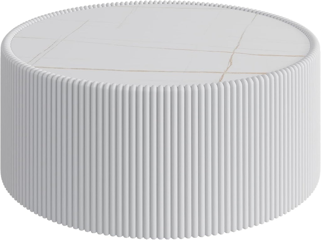 GDFStudio Modern Round Coffee Table, Luxury Sintered Stone Top Circle Coffee Table with PU Leather Drum Base, Creative Shape Small Tables for Living Room Side Tables, Fully Assembled, Milk White-Large