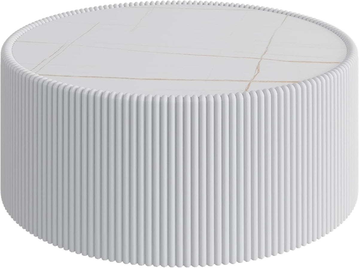 GDFStudio Modern Round Coffee Table, Luxury Sintered Stone Top Circle Coffee Table with PU Leather Drum Base, Creative Shape Small Tables for Living Room Side Tables, Fully Assembled, Milk White-Large