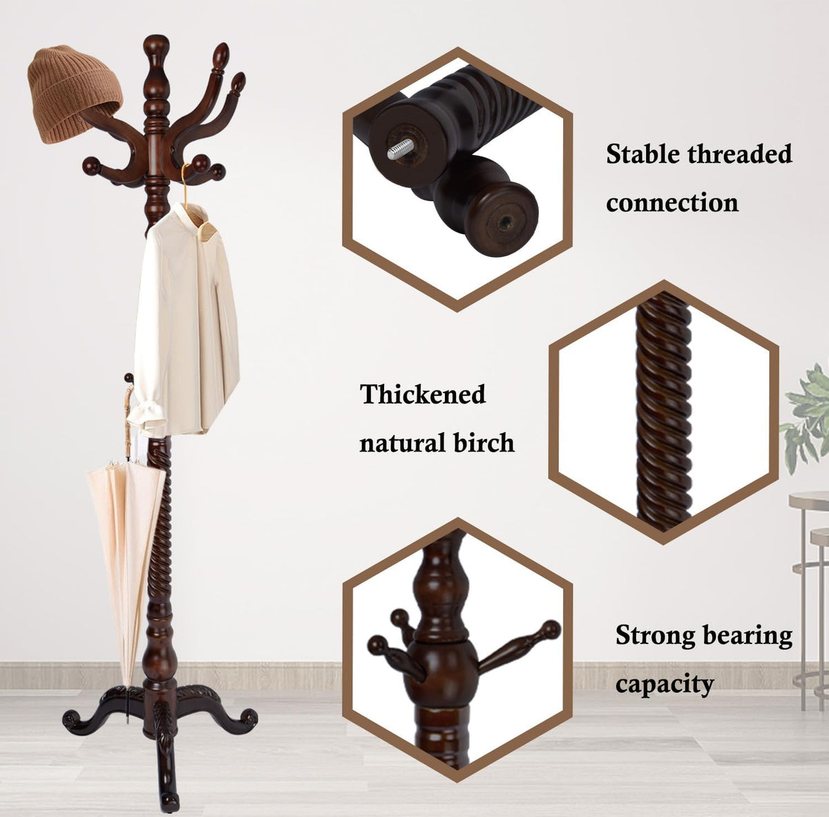 Coat Rack Stand, Solid Wooden Coat Tree with 11 Hooks, Heavy Duty Coat Rack Freestanding with Sturdy Round Base, Natural Birch Wood Coat Hanger Stand for Entryway Bedroom (triangles)