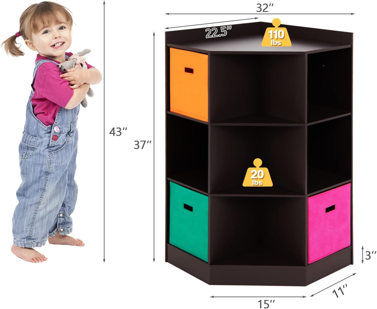 HONEY JOY Kids Toy Storage Organizer, 9-Cubby Toy Bin Organization Storage Cabinet w/Display Shelf & 3 Removable Basket, Wooden Corner Storage Unit for Playroom, Kids Bedroom, Nursery Daycare (Coffee)