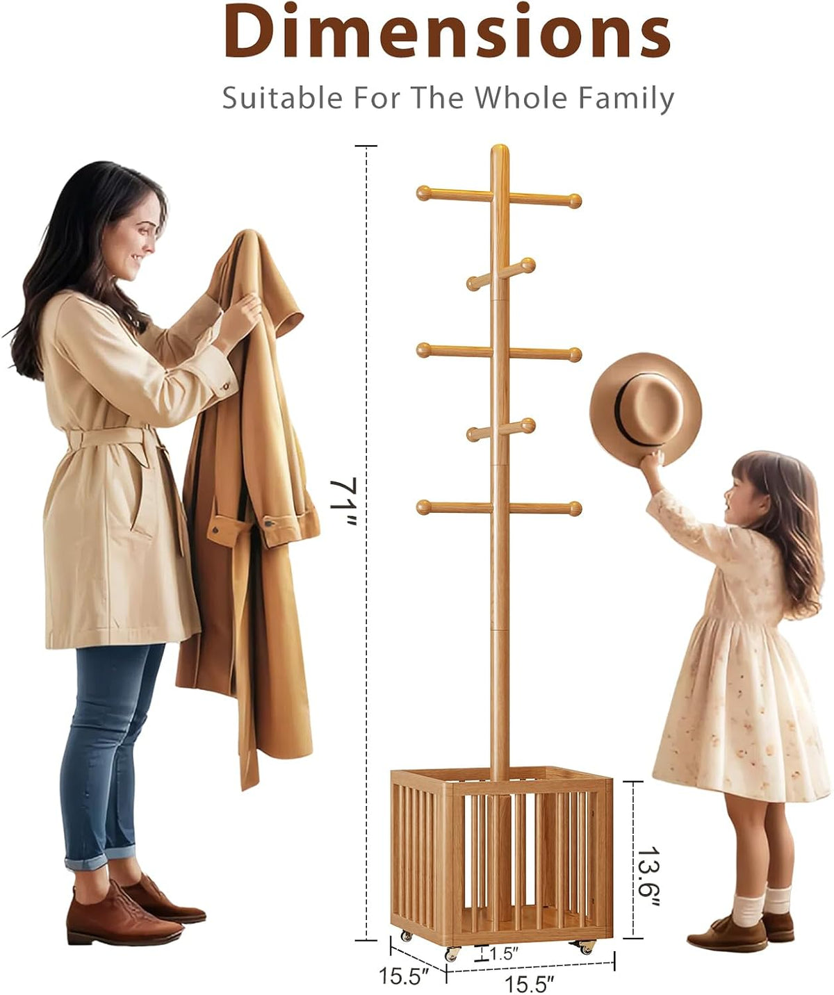Solid Wood Freestanding Coat Rack with 10 Adjustable Hooks, Storage Basket and Lockable Casters, Organizes Hats, Clothes and Bags for Entryway, Bedroom, Living Room