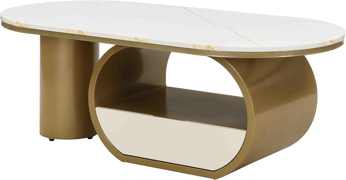 Modern Oval Coffee Table, 47.24' White Faux Marble Coffee Table with Storage Drawer, Luxury Living Room Coffee Accent Center Table with Gold Base for Apartment
