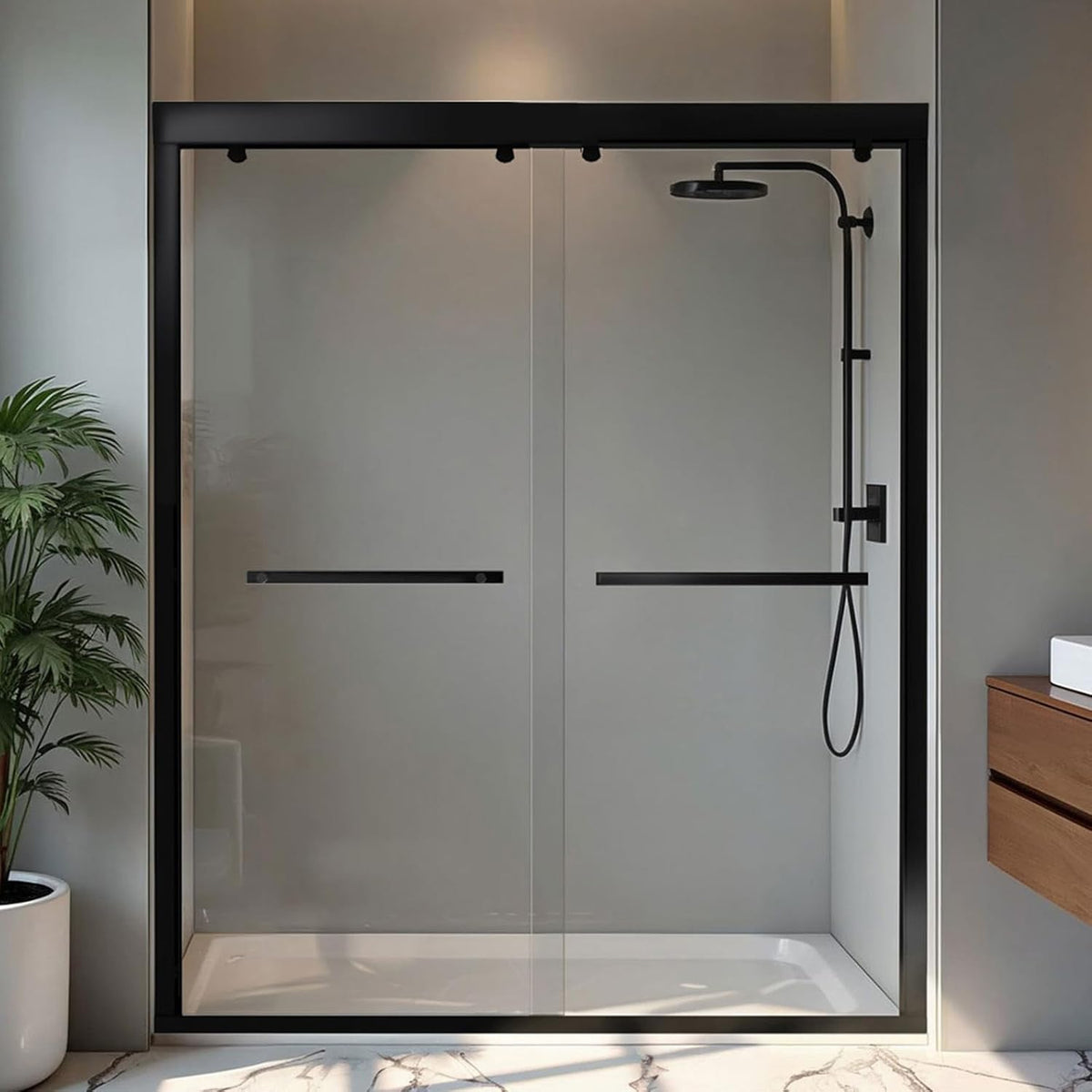 Shower Door 56-60' W x 72' H, Semi-Frameless Sliding Glass Shower Door, 1/4' (6mm) SGCC Tempered Glass Bathroom Sliding Door, Matte Black Finish, 304 Stainless Steel Hardware